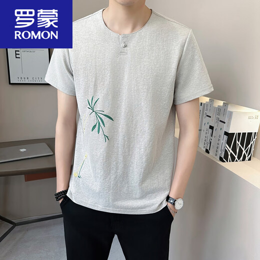 Romon (Romon) Nouveau t-shirt à col courte en V chinois pour hommes en été 2025 Nouveau t-shirt pour hommes à manches à manches à manches à manches 9856 (environ 105 ~ 120 Jin [Jin est égal à 0,5 kg] peut être usé)