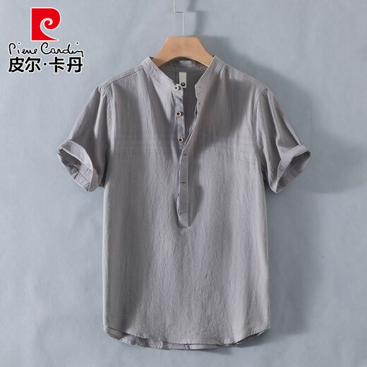 Pierre Cardin Henry collar linen short-sleeved shirt men's collarless men's cotton and linen shirt t-shirt top polo shirt summer China RC210 dark blue M