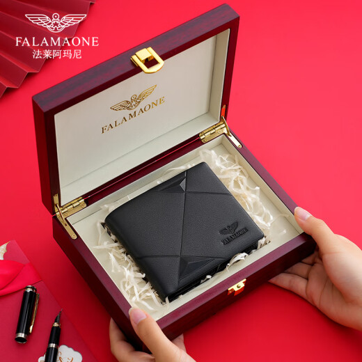 法莱阿玛尼（FALAMAONE）品牌男士钱包真皮短款皮夹牛皮钱夹卡包父亲节实用礼物送老公爸爸 黑色/QB2119-1【专柜礼盒】 代写贺卡打印照片联系客服