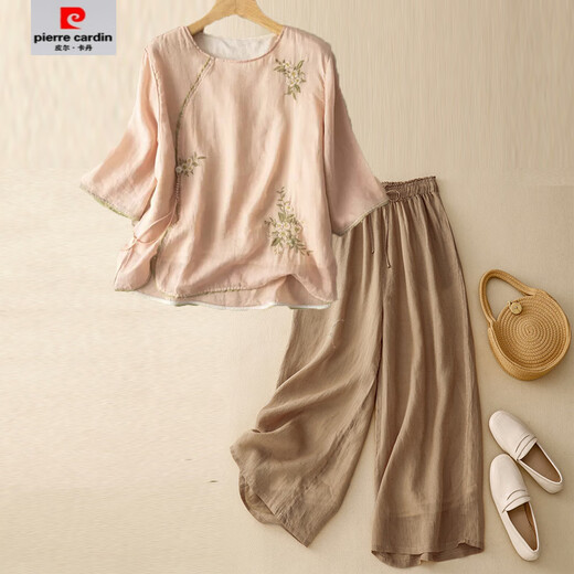 皮尔卡丹（pierre cardin）【1048人收藏】大码夏装中年女士妈妈棉麻套装民族风新中式气质亚 粉红色+卡其色裤子 2XL 150-170