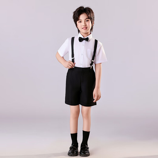 安妮优儿儿童礼服男童套装主持人演出服小男孩花童表演西装夏 黑色  150