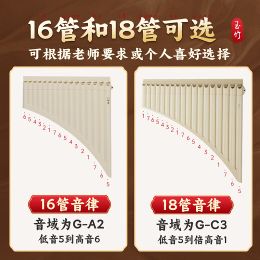 PTNOKA玉竹排箫儿童易学16管18管C调小学生初学课堂推荐入门乐器演奏笛 18管-米色【易学排箫】标配