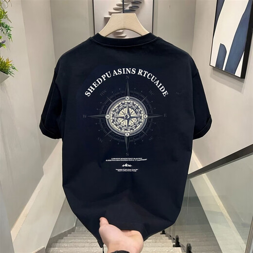 NJSKAKW港风短袖纯棉上衣男女款夏季宽松美式T恤新款潮牌情侣装半袖体恤 V761黑色(指南针) S 建议90-100斤
