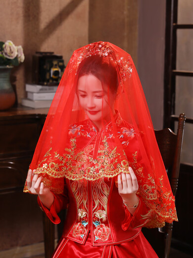 Sen uses red hijab bride wedding hijab red veil Xiuhe suit high-end hijab wedding gauze Chinese style translucent red (gold branches and jade leaves) lace hijab 100cm-135cm