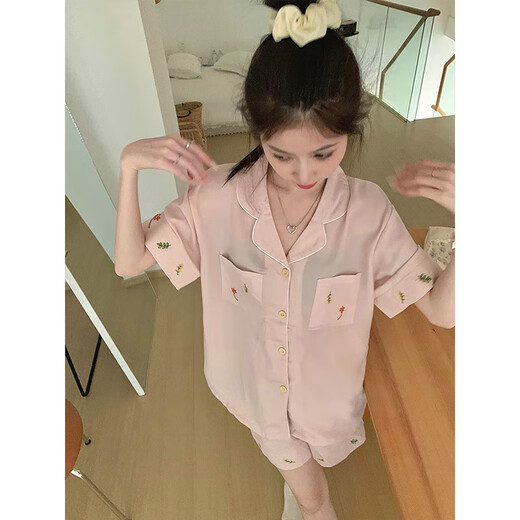莫代尔冰丝睡衣女夏季薄款短袖短裤套装夏天感简约休闲家居服可外穿 LW-9215【短袖短裤】 L 【建议100-120斤】
