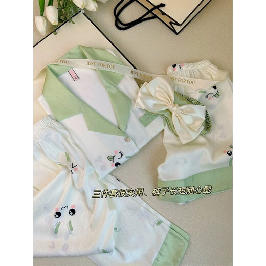 浪莎（LangSha）睡衣女款2025新款夏季真丝绸薄款三件套可爱短袖感家居服套装礼物 9224法斗狗【三件套 XL 【适合115-130斤】