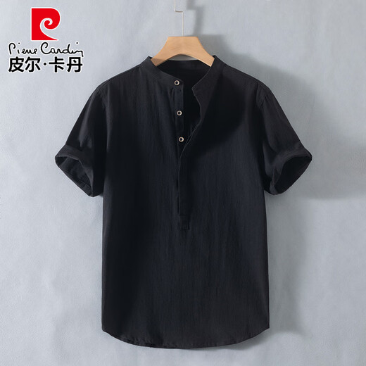 Pierre Cardin Henry collar linen short-sleeved shirt men's collarless men's cotton and linen shirt t-shirt top polo shirt summer China RC210 dark blue M