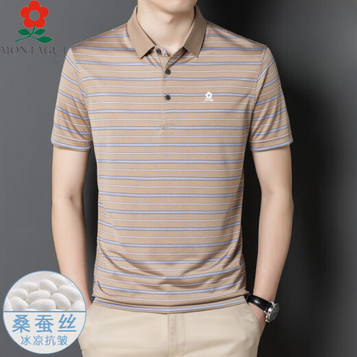 Mengtejiao men's mulberry silk short-sleeved T-shirt new summer style middle-aged dad casual striped polo shirt A829-blue M 165 suitable for 100-115Jin [Jin equals 0.5 kg]
