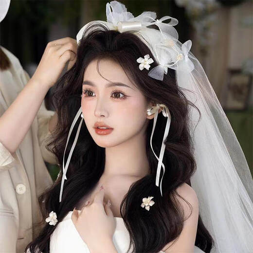 Fujiu sweet fairy bow tassel hairpin set retro bride wedding forest style atmospheric wedding dress accessories hair accessories set