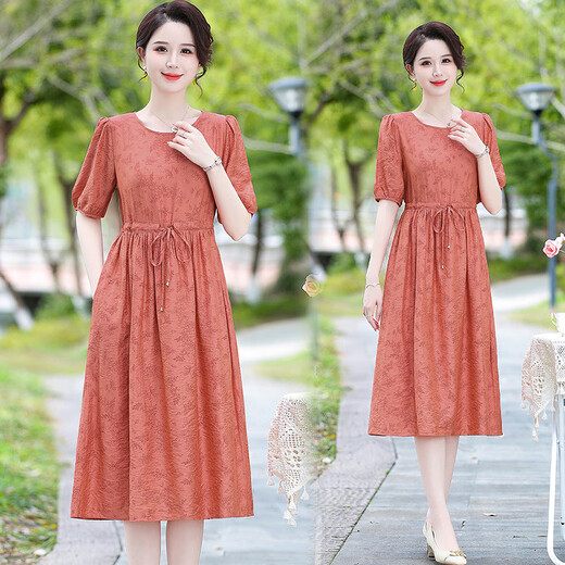 Woodpecker Temperament Ice Silk Tire Robe 2025 Été Nouveau style Mère d'âge moyen M Mère Mère à la mode courte à manches courte de la jupe féminine sur le genou 679 Purple XL Recommandé 90-115Jin [Jin est égal à 0,5 kg]