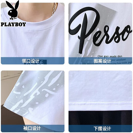 Playboy Kurzärärmelte Herren Sommermodemarke Briefe Runde Hals halbärmelig T-Shirt American Casual Herren Rotatorenhülle Lose T-Shirt 693 Meter Weiß M.
