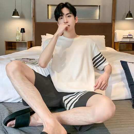 Modal solid color cotton pajamas men's summer short-sleeved teenagers thin cotton summer large-size home clothes pajamas set D1990 (A679) M (recommended 80-115Jin [Jin equals 0.5 kg])