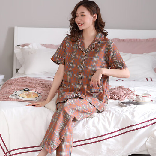 浪莎纯棉睡衣女夏新款短袖长裤格子薄款妈妈家居服 9922 L 建议95-110斤