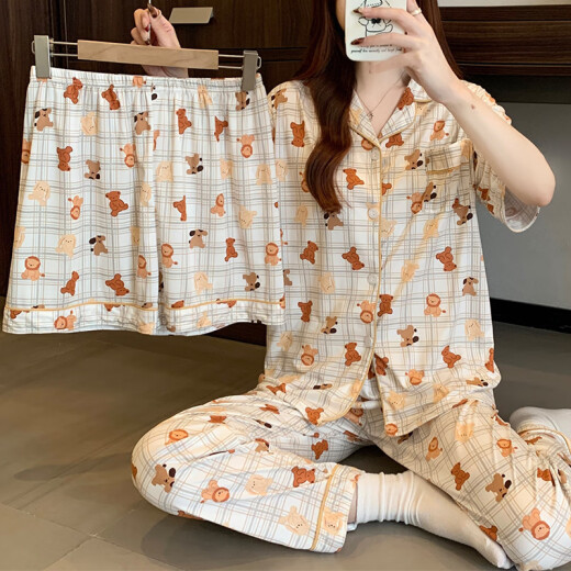 Pajama de primavera y verano de Hanrui para mujeres seda de seda de leche de dibujos animados de tres piezas ropa casera 14124 170 m