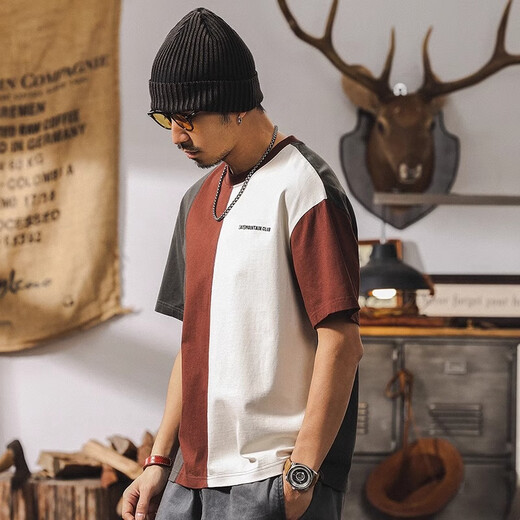 Lomon High-End Heavy Cotton T-Shirt Herren Spleißen kontrastierende Farbdesign Kurzärärmelte Herren Sommer Amerikaner Retro Top-Kleidung Trend YTX653 Aprikose Braun Gray 2xl