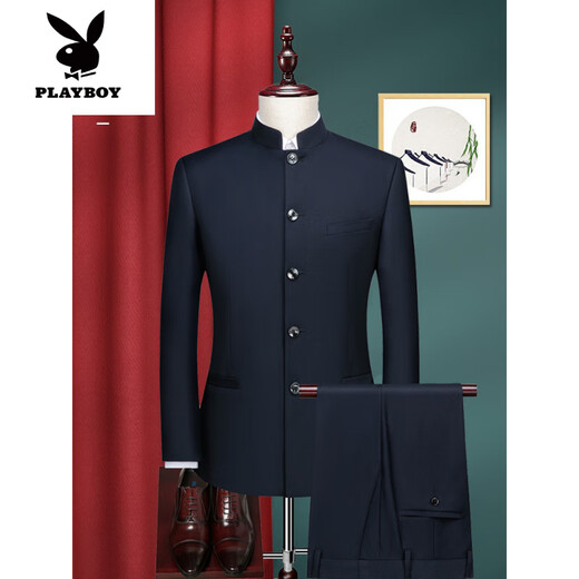 Playboy (PLAYBOY) high-end tunic suit men's formal Chinese stand collar suit men's Chinese wedding dress Chinese style suit Chinese stand collar white single top L 175 weight 125-135 Jin Jin equals 0.5 kg
