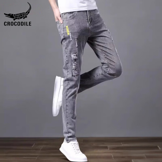 科加斯鳄鱼 CHOGATH CHOGATH CROCODILE鳄鱼恤品牌破洞牛仔裤男士夏季薄2025新款修身小脚裤休闲长裤子男 6636灰色加绒 28 90-105斤