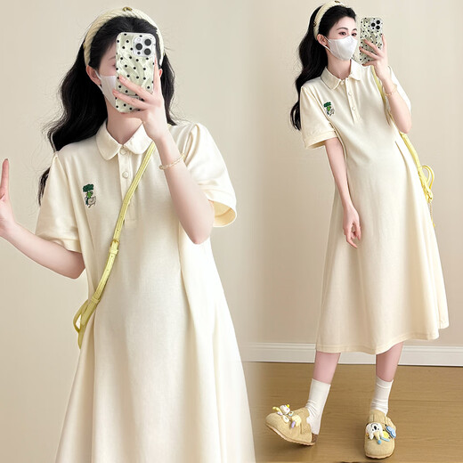 革曼孕妇装夏装2025新款时尚纯棉孕妇连衣裙中长款小个子夏季薄款裙子 杏色(优质版) XL(建议130-150斤)