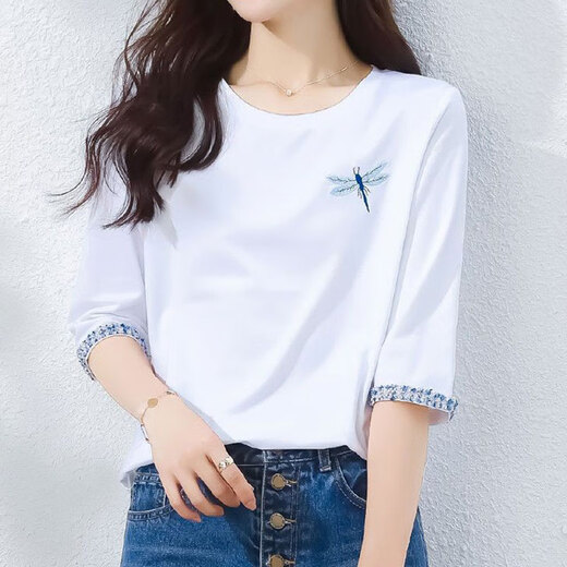 Misty Apricot 2025 Women's Short Sleeve High-end Women's Fashion Little White Mid-Sleeve T-shirt Year Summer Sleeve Loose T-shirt Spring 1XS328 White + W6172 Ice Blue M 80-105Jin[Jin equals 0.5 kg]