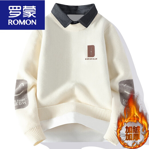 罗蒙（ROMON）潮流内搭翻领长袖针织衫上衣潮男秋冬款保暖加绒加厚假两件毛衣 卡其QDMYM9901加厚 加绒 M