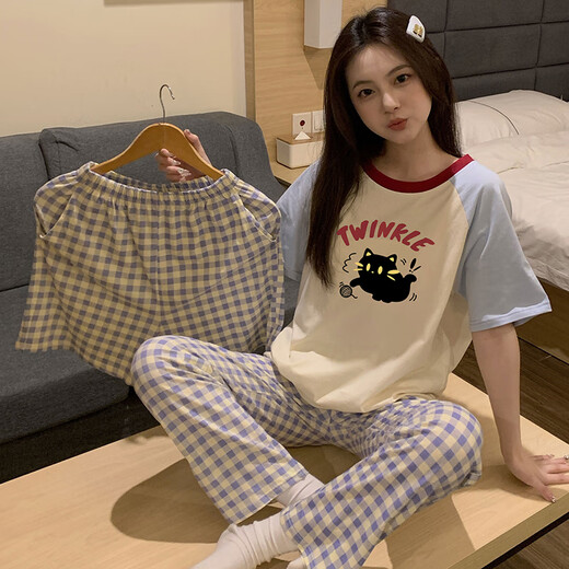 裁雨留虹三件套装睡衣女205年夏天季新款短袖感可外穿家居服夏季 w1105短袖+长裤+短裤100棉 M  155-160C 80-100斤
