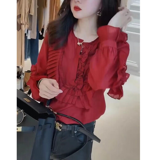 9857 da aimei yiyuan 2025 automne nouveau cou rond plissé chemise à manches longues à manches longues