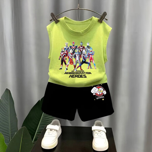 Snoopy Boys reine Baumwollhülsenweste Westeanzug für äußere Wear Ultraman Street Brat Street Boys Fünf-Punkte-Hose Zwei-teilige Fruchtgrüne Weste T983 + Schwarze Shorts T273 130 Empfohlene Höhe 120-130 cm
