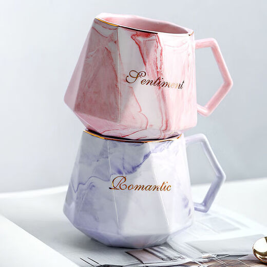 Cup ins high-looking mug couple style cup drinking cup household cup ceramic lid spoon stone pattern cup gray cup + lid + spoon 1 piece 400ml