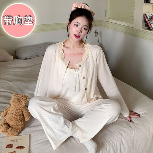 荣西图（RONGXITU）棉睡衣女带胸垫吊带三件套韩版甜美ins风家居服 S681#灰蓝 170 M