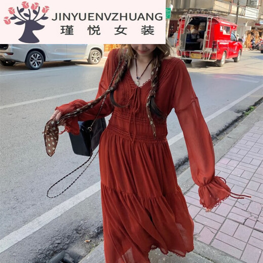 魁熙大码法式复古深V绑带连衣裙收腰蕾丝花边长裙长袖显瘦红色茶歇裙 3527楼兰女孩长裙 L 大