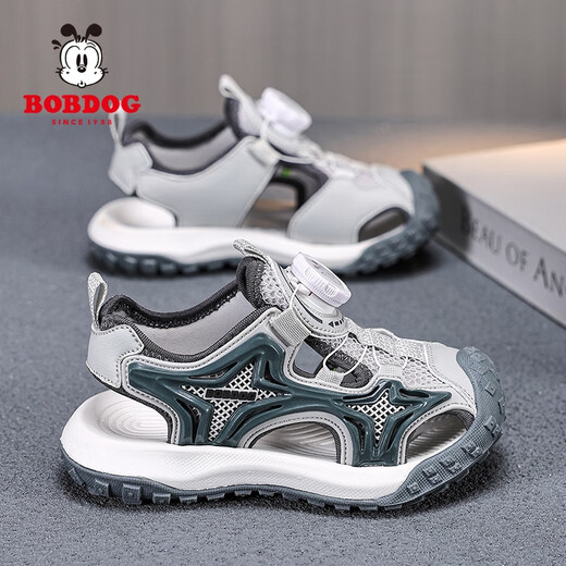 巴布豆（BOBDOG）凉鞋男童夏季包头2025新款儿童沙滩鞋中大童防滑运动凉男孩沙滩鞋 灰绿 TBD-K983 28 码 内长18.5CM