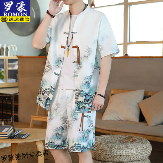 
Romon Chinese style ice silk short-sleeved Tang suit men's summer half-sleeved Chinese Hanfu loose paired shorts set trendy Y10 white 2XL