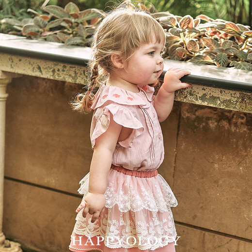 Happyology British children's spring and summer new style girls' embroidered shirt baby short-sleeved style top princess pink 110 (112cm)