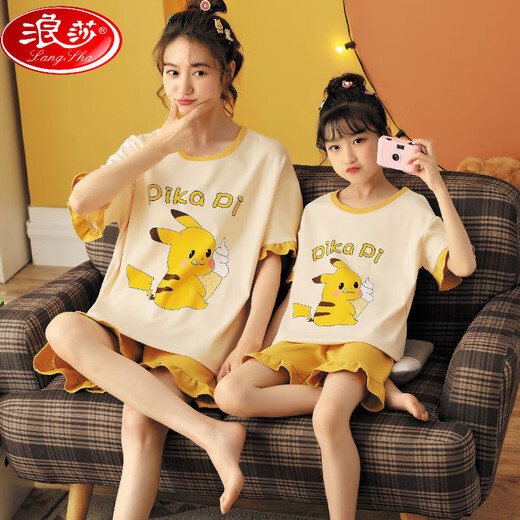 
LangSha (LangSha) Parent-child mother-daughter pajamas pure cotton summer thin short-sleeved cute cartoon internet celebrity little girl girl home clothing set 6624 [pure cotton single set] M 150-160cm80-99Jin [Jin equals 0.5 kg]