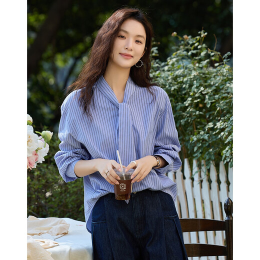 Demana, Korean-style Omni, spring gentle cloud-like cotton collared striped shirt, hidden flesh shirt, women's top