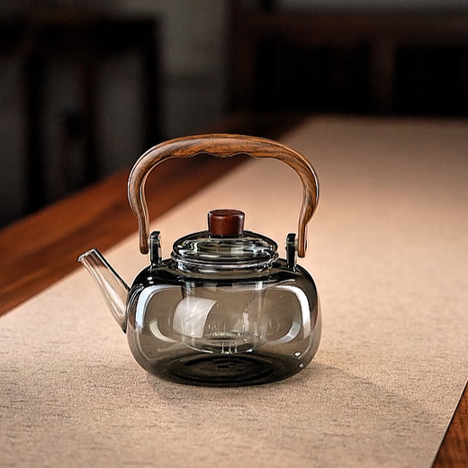 Full-degree heat-resistant glass teapot with wood grain teapot, home office stove, tea making kung fu tea set, open flame heating, wood shadow teapot + Kangmi wood grain ceramic stove