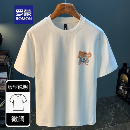 Romon kurzärmeligte T-Shirt Herren 2025 Sommer dünne Mode gedrucktes T-Shirt Xinjiang Baumwolle Runde Hals halbärmelig Männer Top T White 2 [ZJ1047 Fit-Version] M geeignet für 90-108jin [Jin gleich 0,5 kg]