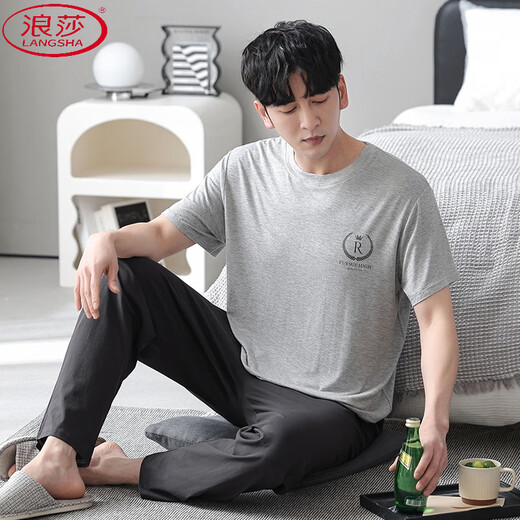 LangSha (LangSha) extra large size men's modal pajamas plus fat pajamas summer thin loose casual home clothes short-sleeved trousers suit ALS9905 L men [100-125Jin [Jin equals 0.5 kg]]