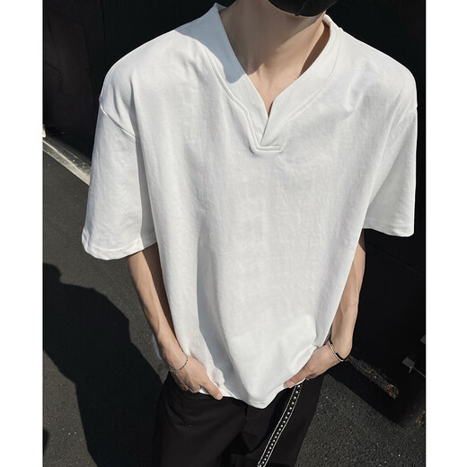 
She Manlai heavyweight short-sleeved T-shirt men's summer cleanfit Henry V-neck American high-end half-sleeved top base shirt men's black XL