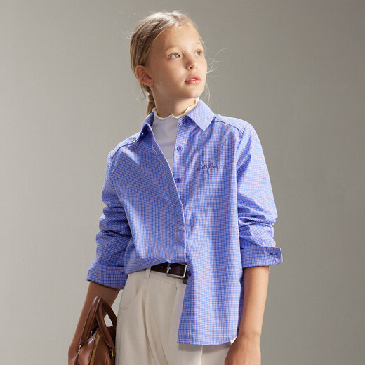 ELLE KIDS French girls spring new plaid embroidered soft and comfortable classic basic long-sleeved polo collar shirt