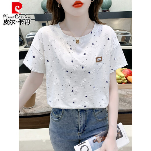 Pier Cardin reines Baumwolldruck-T-Shirt für Frauen kurzärmelige Sommer 2025 NEU LOOSSPRUCK DESIGN VERSATILE T-SHIRT TOP Trend 1396 Weiß + W7274 Löwenzahn M für 100-109jin [Jin gleich 0,5 kg] geeignet.