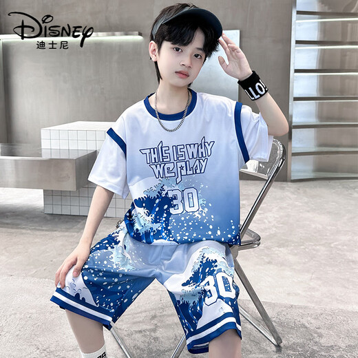 迪士尼（Disney）男童夏季套装库里30号球衣中大童短袖篮球服儿童运动速干衣两件套 9908蓝色 170