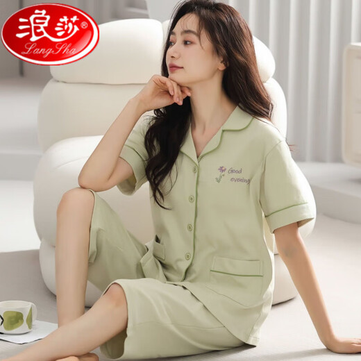 浪莎纯棉睡衣女士2025夏季短袖七分裤中青年款大码开衫套装薄款家居服 n9898短袖七分裤开衫 M (80-100斤)