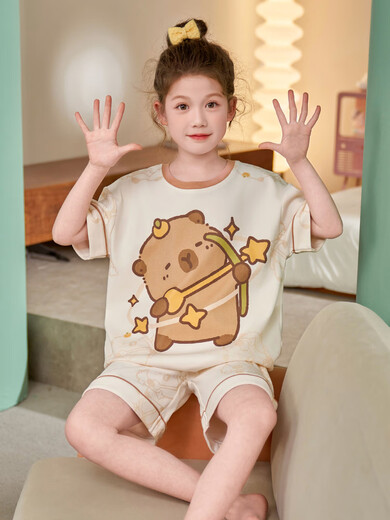 Vêtements à domicile des filles et pyjamas 2025 Nouveau produit kapibala pantalon pyjamas bébé enfant mignon costume fille pur coton n826 bambou jade guyea cochon 100 cm / 8 taille [hauteur 85-102cm]