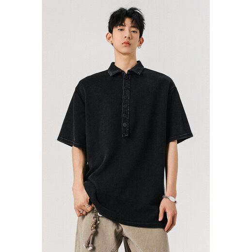 OEMG schweres T-Shirt mit kurzärztem T-Shirt für Herren Sommer Trendy Marke High-End und hübsches Waschen Henry Kragen Lose Top T-Shirt Black XL [Vorgeschlagen 110-130jin [Jin entspricht 0,5 kg]]