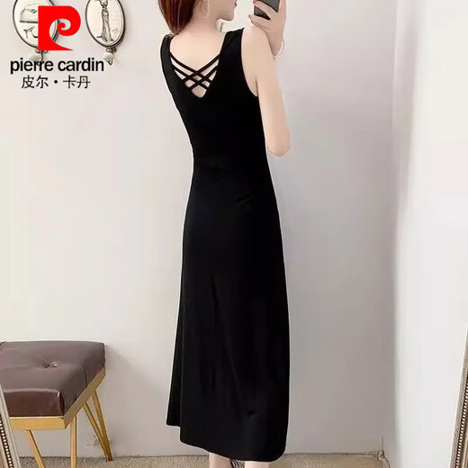 皮尔卡丹（pierre cardin）莫代尔面料2025夏季新款美背显瘦气质修身连衣裙长款法式吊带裙女 3880#黑色 XL 建议【101-115斤】购买