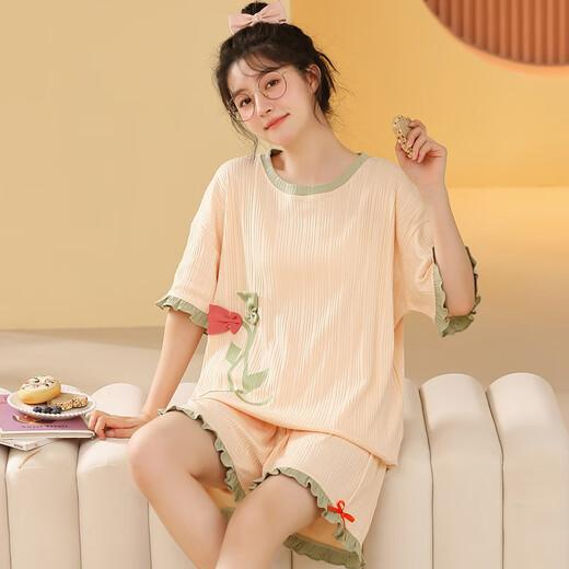 
Zimu Yaju pajamas for women in summer pure cotton Korean cute large-size short-sleeved two-piece suit for outdoor summer spring and autumn home clothes off-white GXT6636 picture color 3XL Recommended 145-155Jin [Jin equals 0.5 kg]
