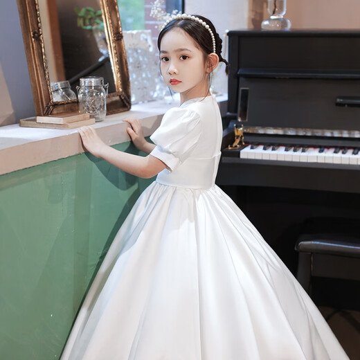 思妙星女童白色晚礼服花童婚礼公主裙儿童主持人钢琴演奏合唱指挥演出服 白色长款 120