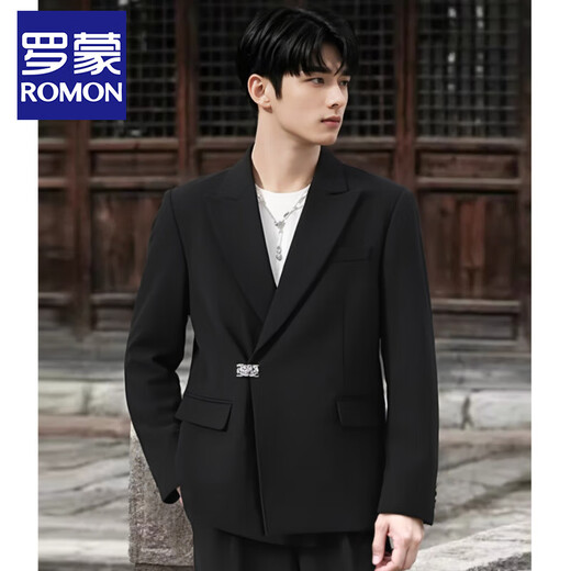 ROMON high-end new Chinese style Zhongshan suit for men, engagement, groom, wedding, national style metal lock suit jacket, black jacket + pants + stand collar white shirt XL