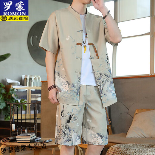 
Romon Chinese style ice silk short-sleeved Tang suit men's summer half-sleeved Chinese Hanfu loose paired shorts set trendy Y10 white 2XL
